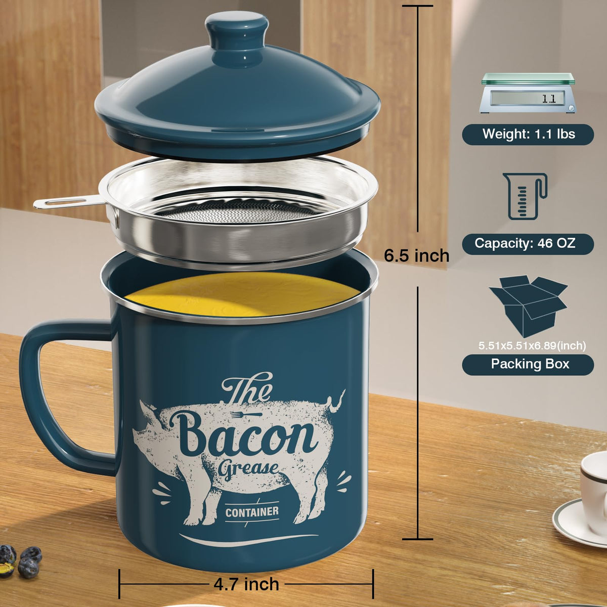 PGYARD 46oz enamel grease keeper with lid and handle for easy storage.