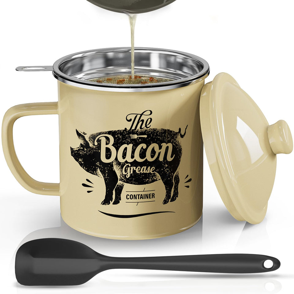 PGYARD bacon grease container with 46 oz capacity and enamel finish for easy filtration