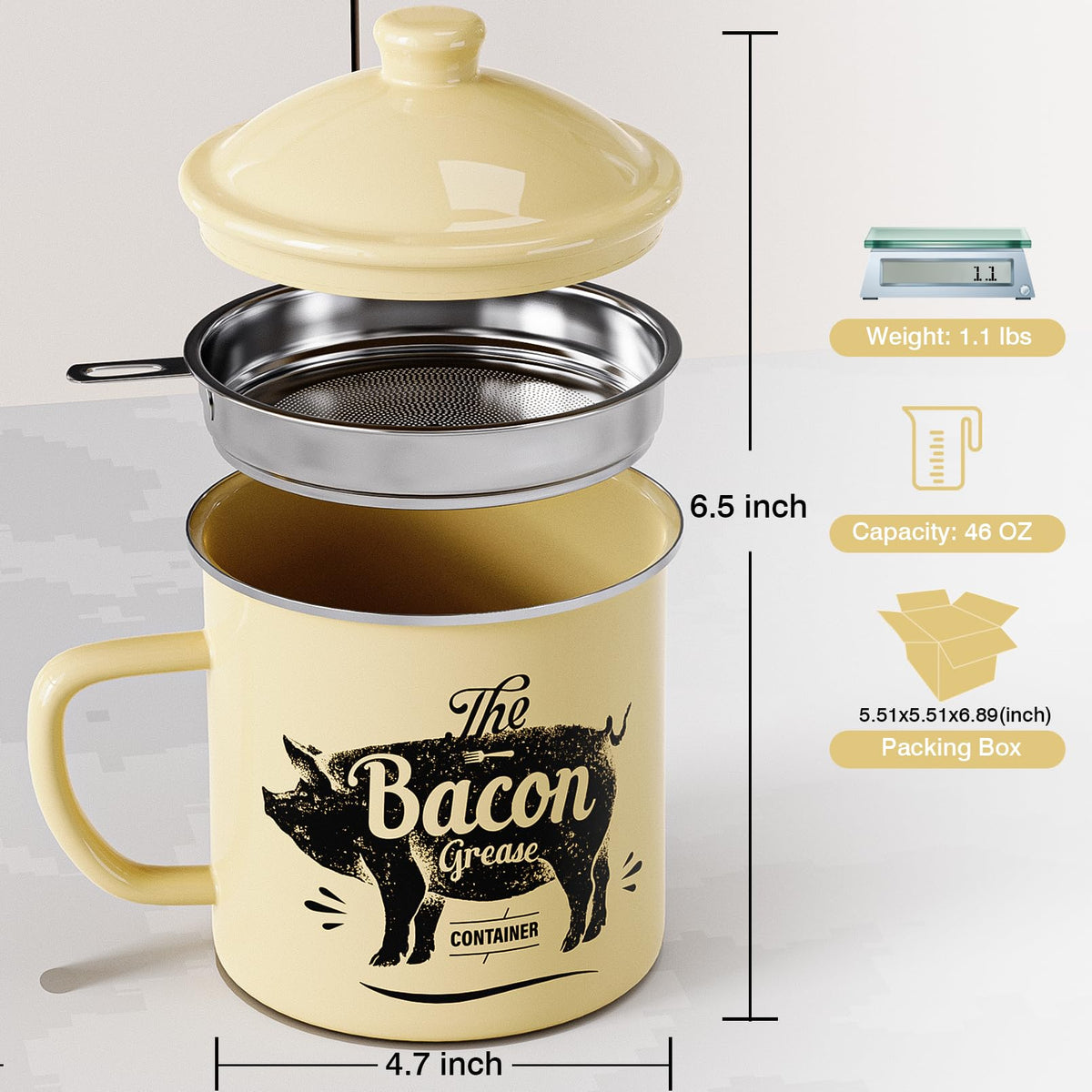 PGYARD bacon grease container with 304 stainless steel strainer; filters fat from oil