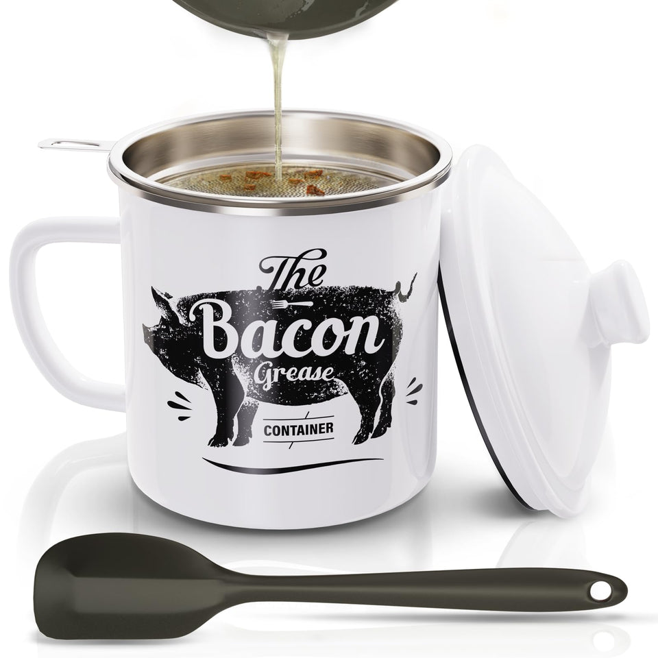 PGYARD bacon grease container with strainer for easy oil filtering.