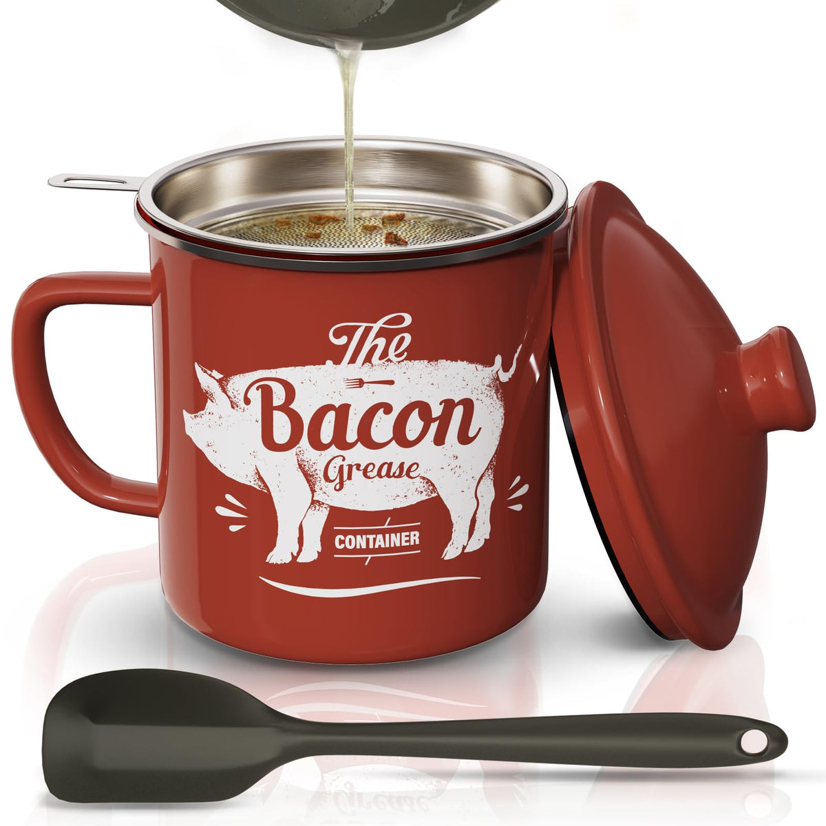 PGYARD bacon grease container with strainer for clean storage and reuse.