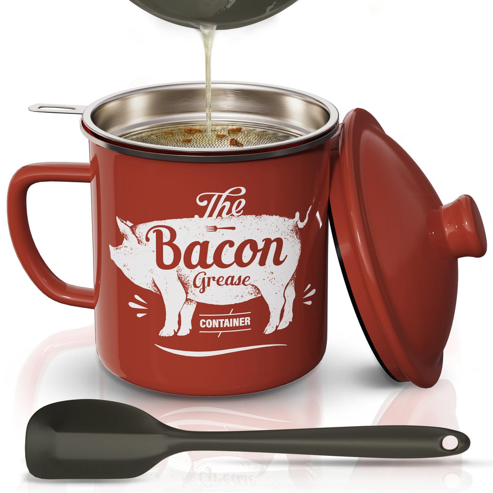 PGYARD bacon grease container with strainer for clean storage and reuse.