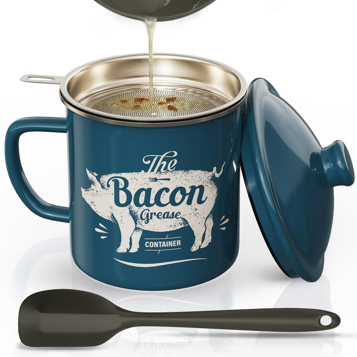 PGYARD bacon grease container with strainer for clean filtering of drippings.