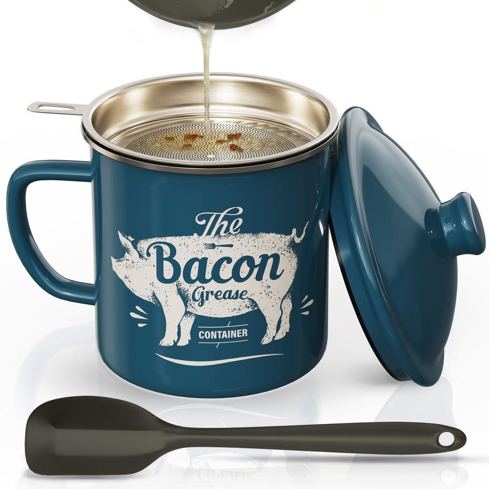 PGYARD bacon grease container with strainer for clean filtering of drippings.