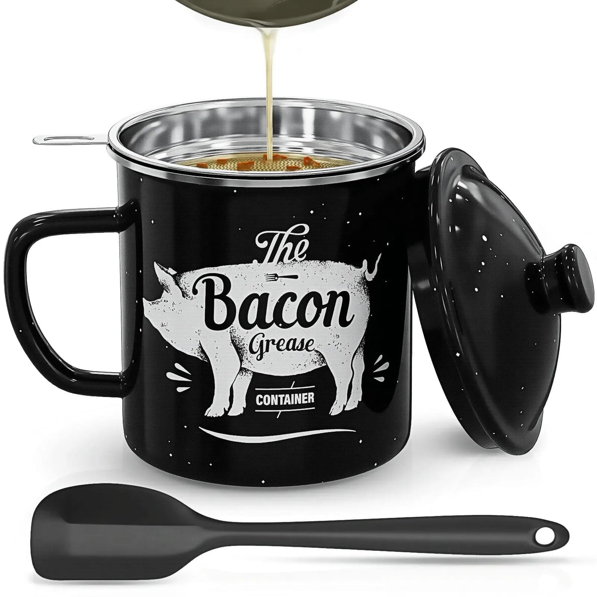 PGYARD bacon grease container with enamel body for clean storage after frying.