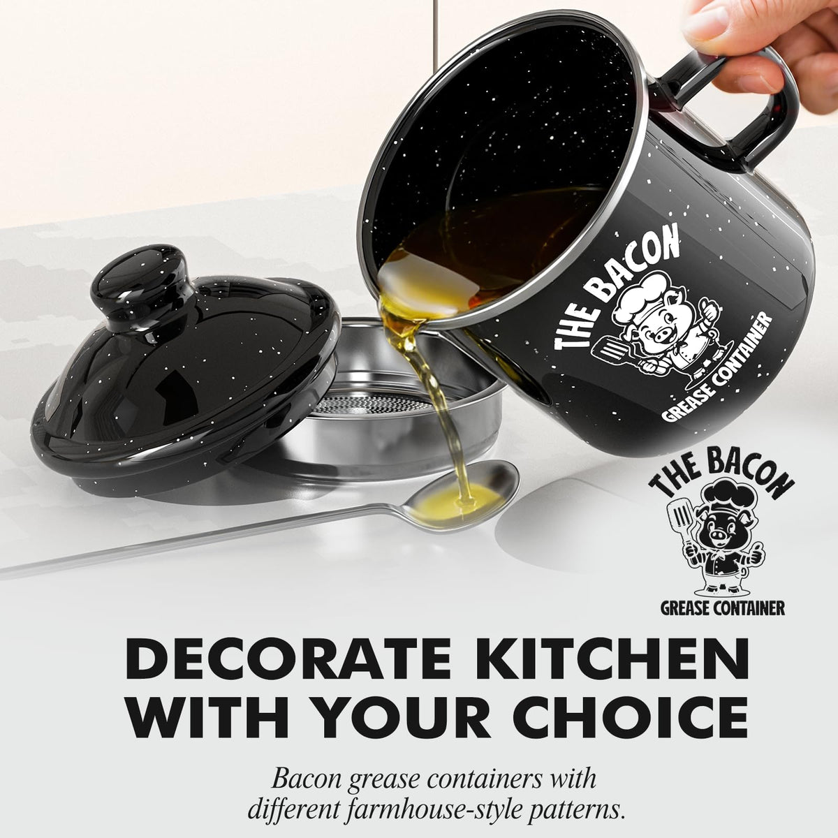 PGYARD bacon grease keeper for kitchen fat storage with spill-free pour.