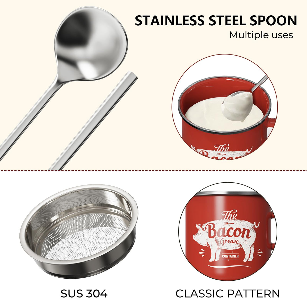 Red enamel PGYARD bacon grease keeper adds farmhouse charm.