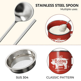 Red enamel PGYARD bacon grease keeper adds farmhouse charm.