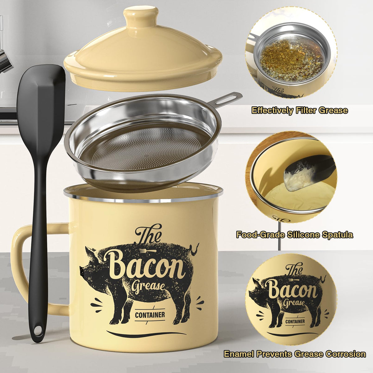 PGYARD beige enamel grease keeper with snug lid reduces odors