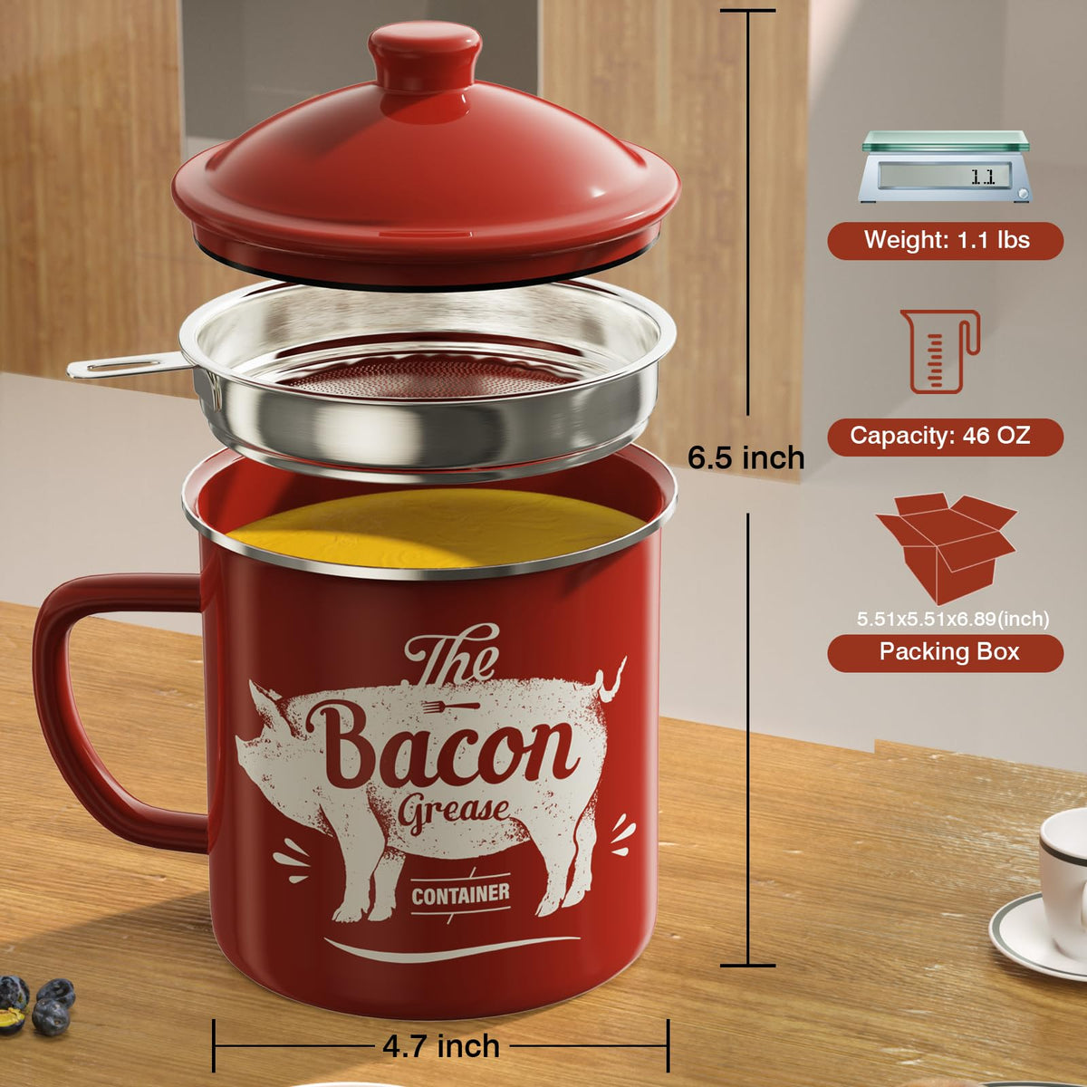 PGYARD enamel grease keeper 46oz ready to filter and store cooking fats.