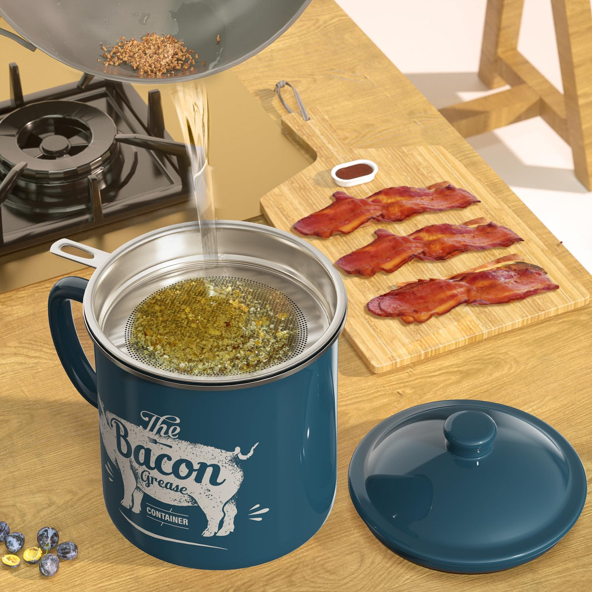 PGYARD farmhouse-style grease container adds retro kitchen charm.