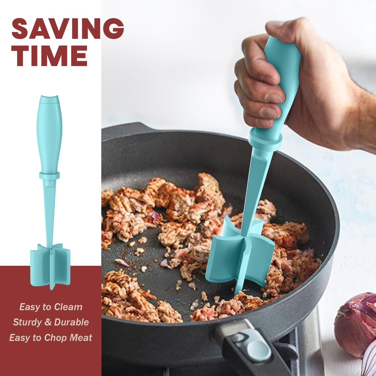 PGYARD ground beef chopper in action for fast crumbling and mixing.