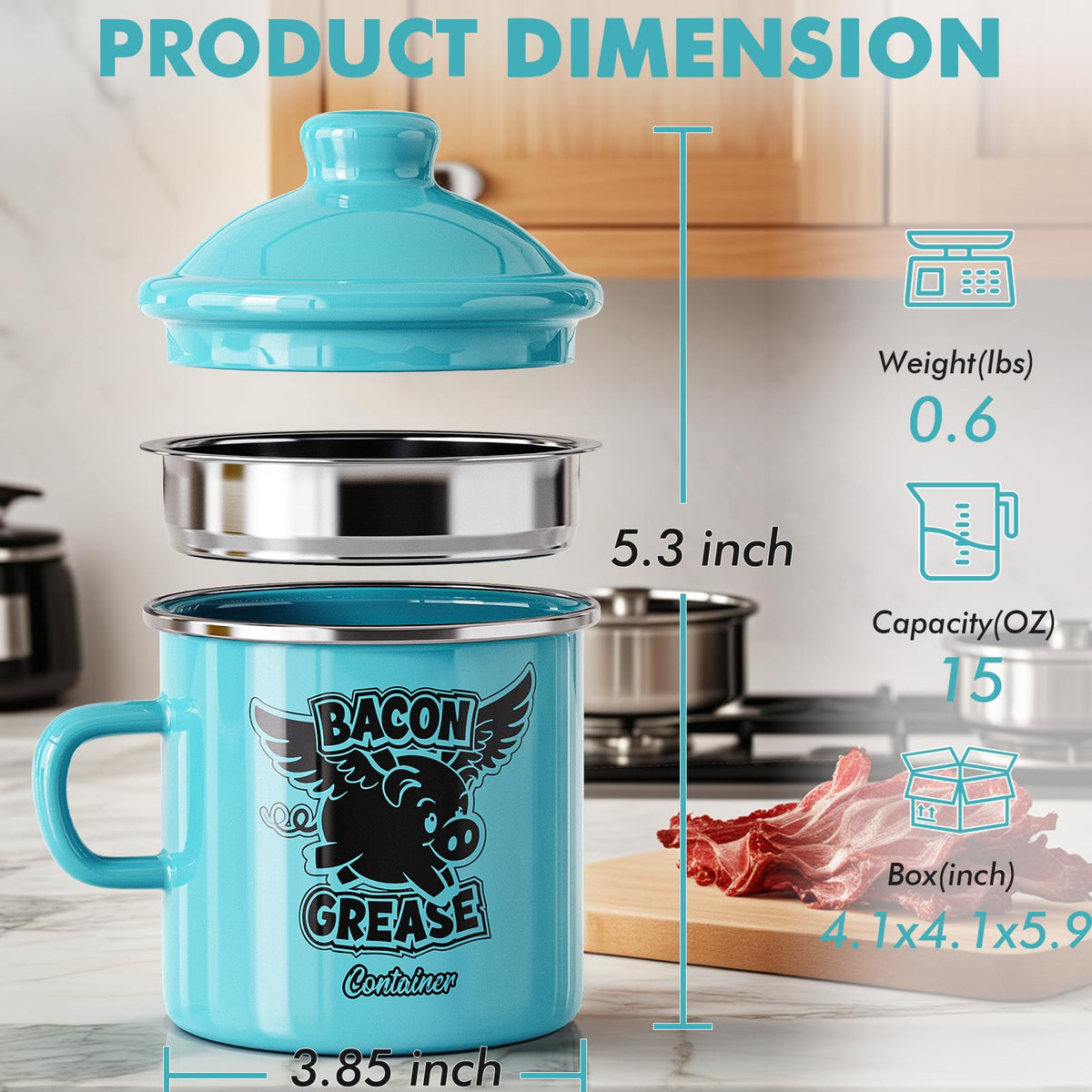 PGYARD Mini Bacon Grease Container light blue color brightens the kitchen