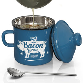 PGYARD mini bacon grease container with strainer in blue keeps fat clean for reuse.