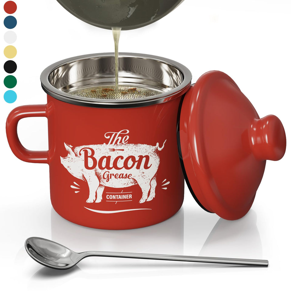 PGYARD mini bacon grease container with strainer keeps grease clean for reuse.