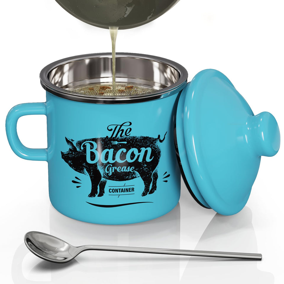 PGYARD mini bacon grease container with strainer for easy filtration and reuse.
