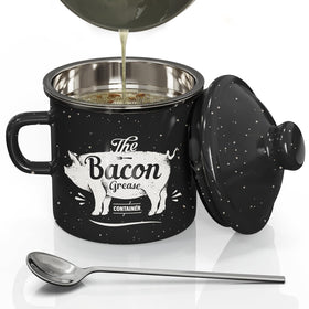 PGYARD mini bacon grease container with strainer and lid on keeping kitchen oil clean and ready.