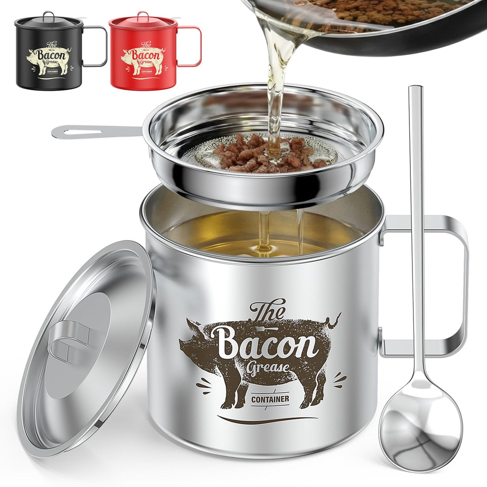 PGYARD Mini Bacon Grease Saver with Strainer, 20 oz container for kitchen oil storage.