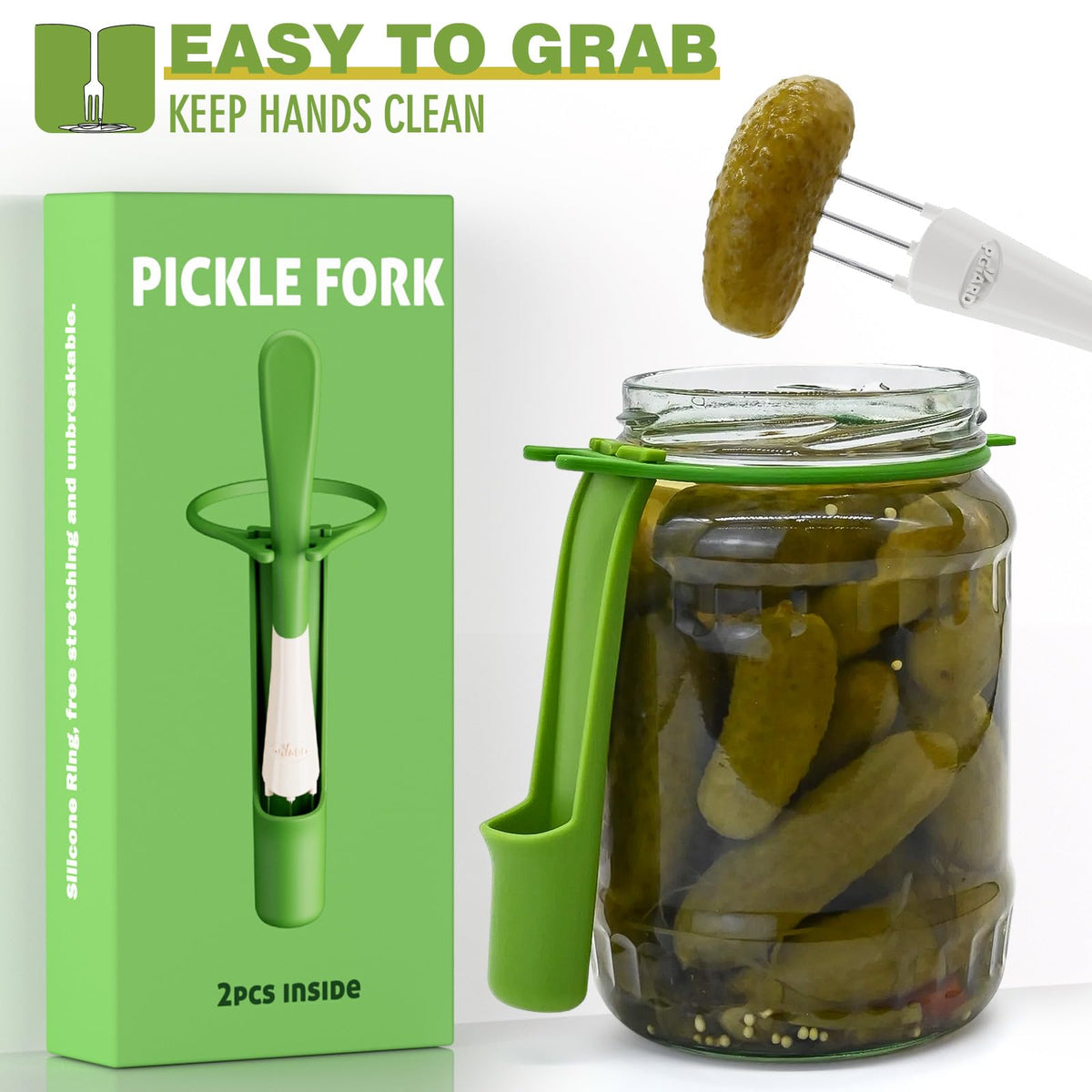 PGYARD pickle fork with silicone ring adapts to different jar sizes for a snug grip.