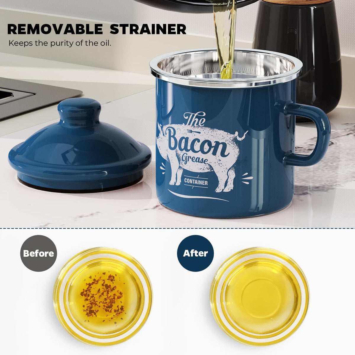 PGYARD removable strainer blue container filters solids for cleaner grease reuse.