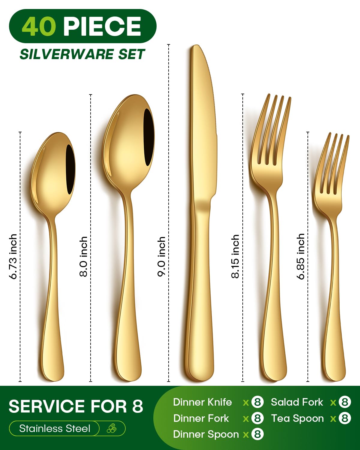 PHILIPALA 40-piece gold flatware set dinner forks for sturdy daily use and polished presentation.