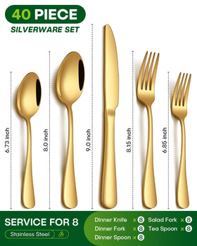 PHILIPALA 40-piece gold flatware set dinner forks for sturdy daily use and polished presentation.