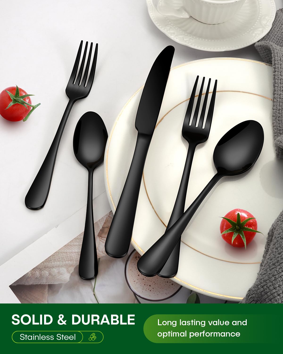 PHILIPALA mirror-polished black silverware highlights timeless kitchen style.