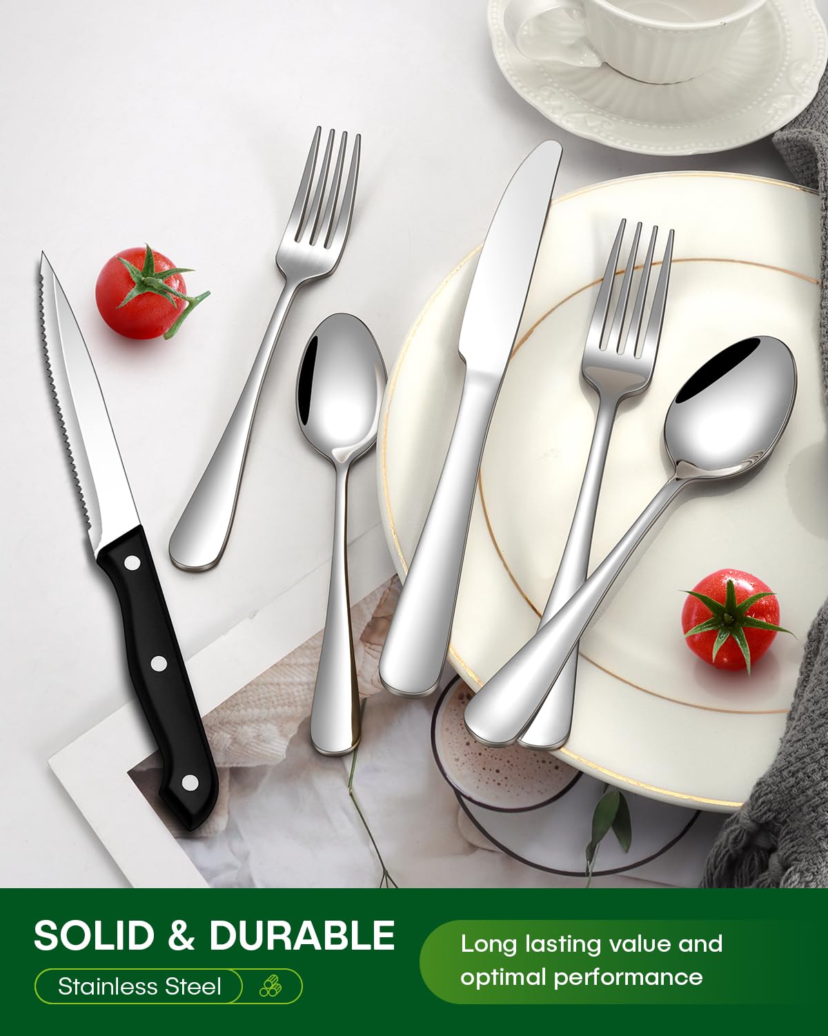 PHILIPALA steak knives with serrated blades for clean cuts.