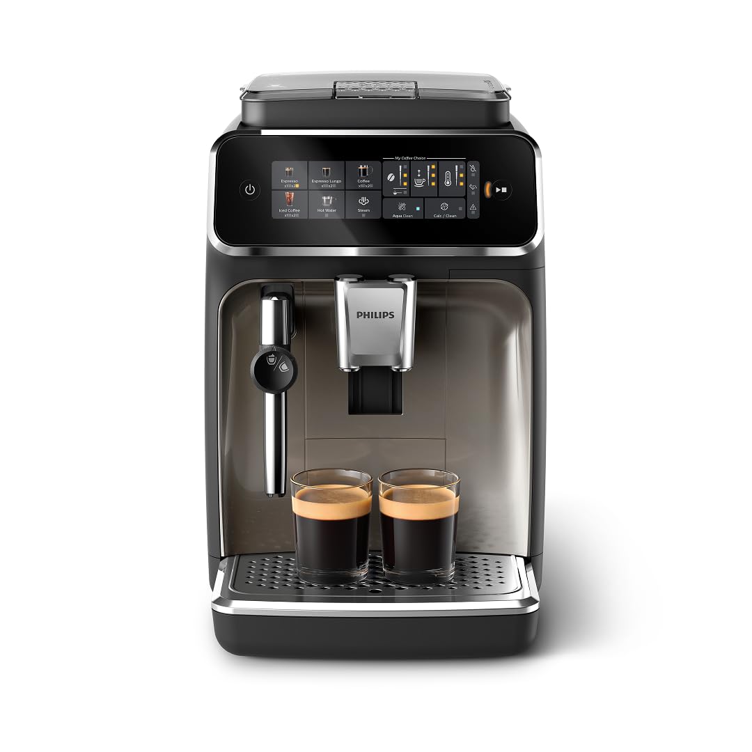 Philips 3300 Series front view with glossy black finish for a stylish kitchen.