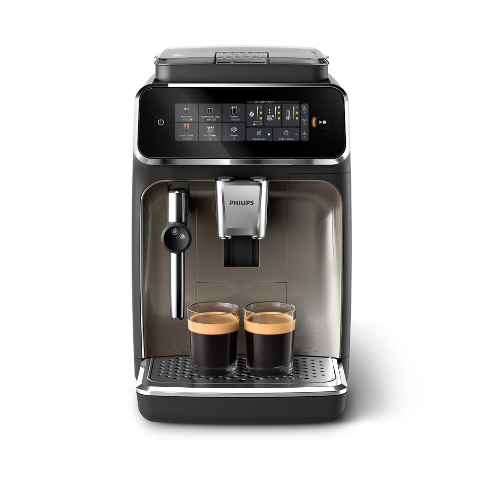 Philips 3300 Series front view with glossy black finish for a stylish kitchen.