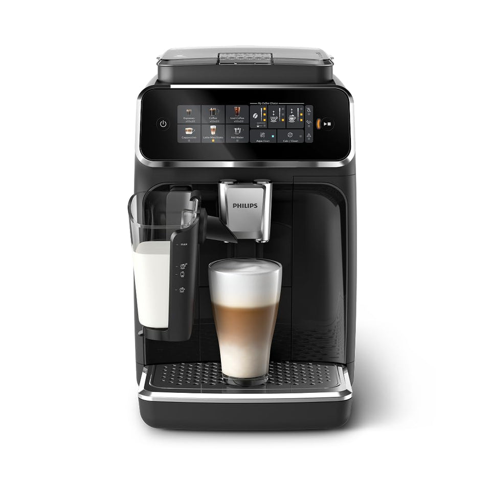 Philips 3300-series glossy black front view for easy at-home coffee.