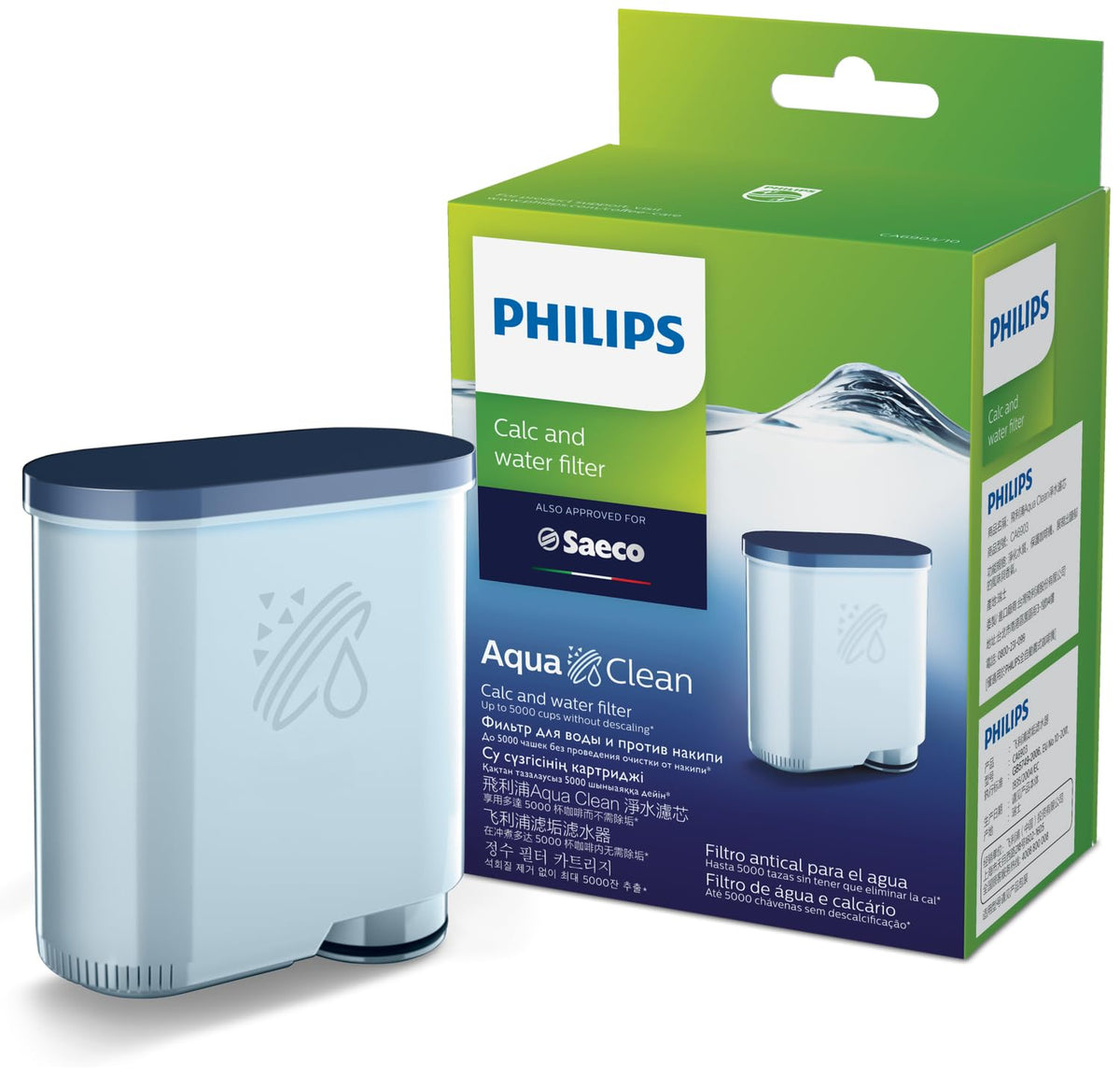 Philips AquaClean filter package ready for easy espresso machine setup.