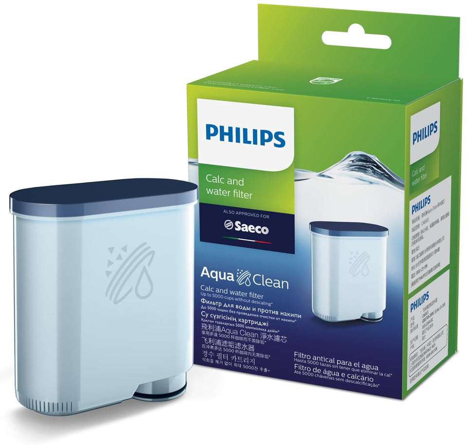 Philips AquaClean filter package ready for easy espresso machine setup.