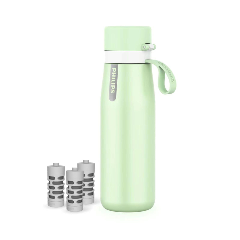 Philips GoZero bottle front view showing sleek stainless steel design for daily hydration.