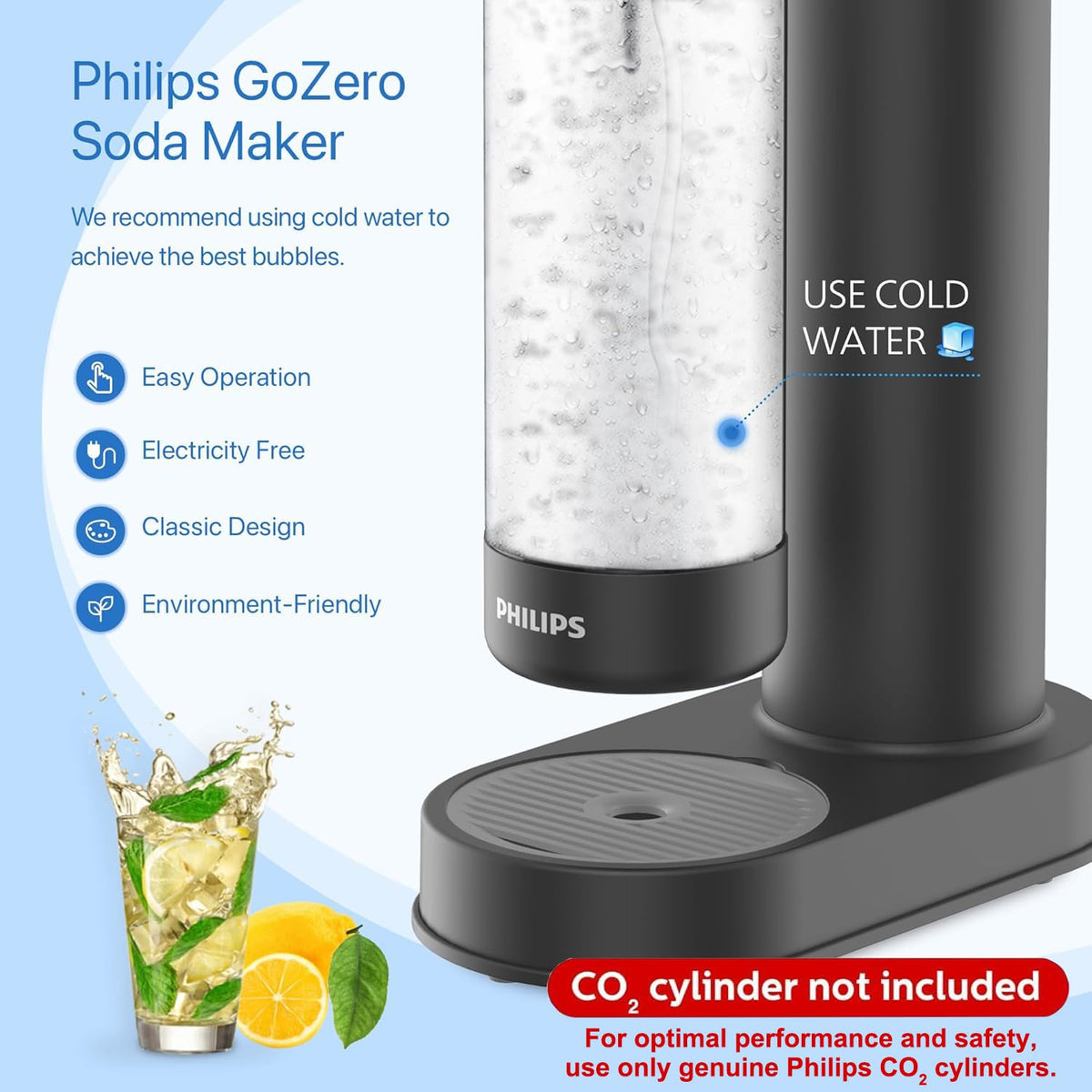 Philips Sparkling Water Maker ADD4901BKOQ-37 side view.