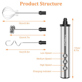 Philorn frother with three interchangeable heads for versatile beverages.