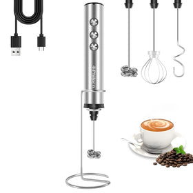 Philorn rechargeable milk frother wand in action creates creamy latte foam at home.