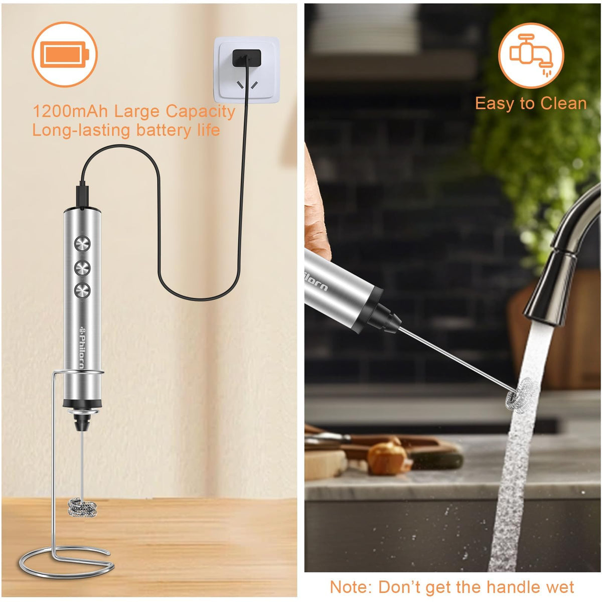 Philorn stainless steel stand keeps the frother upright and organized.