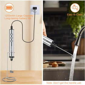 Philorn stainless steel stand keeps the frother upright and organized.