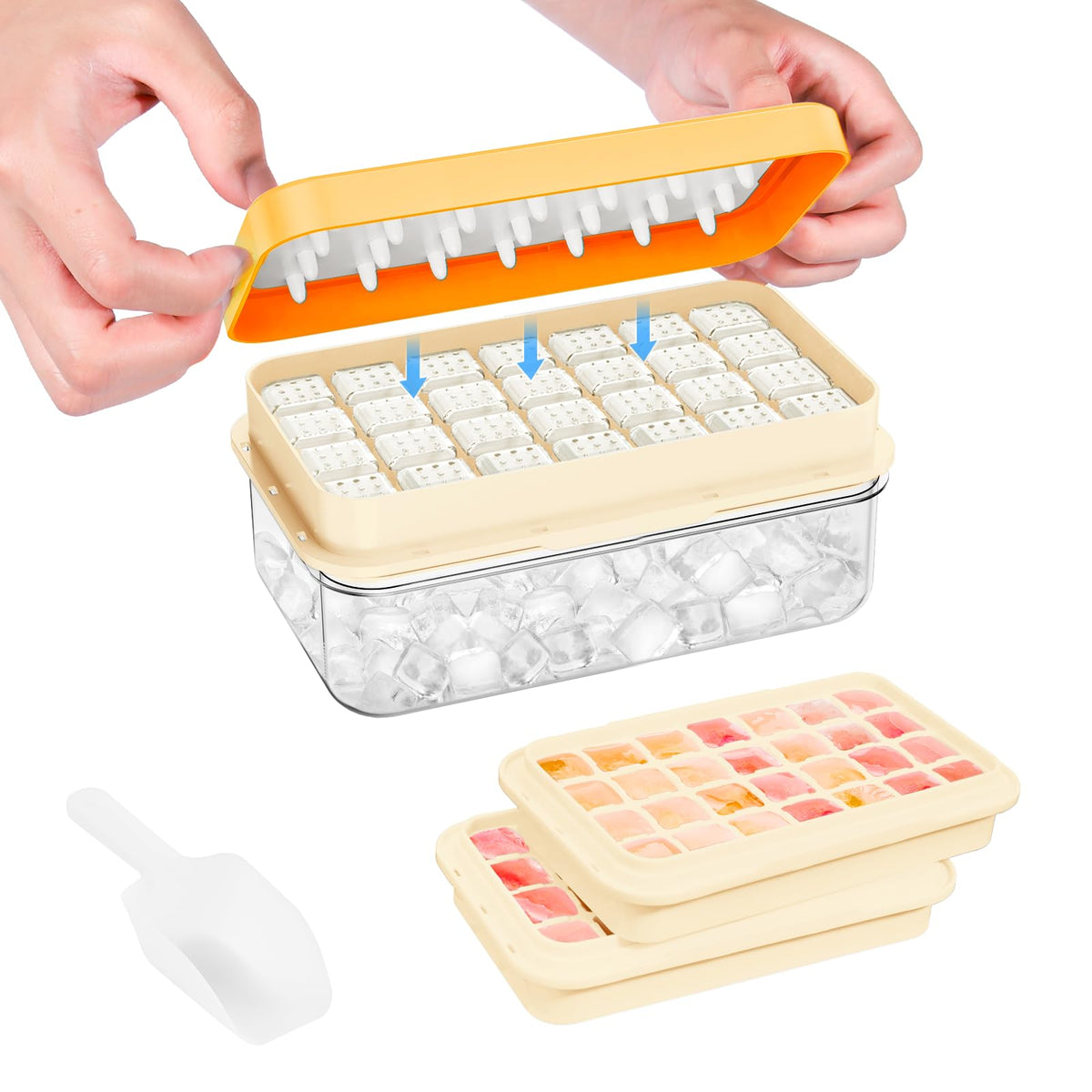 PHINOX ice cube tray with lid and bin for mess-free freezing and easy release.
