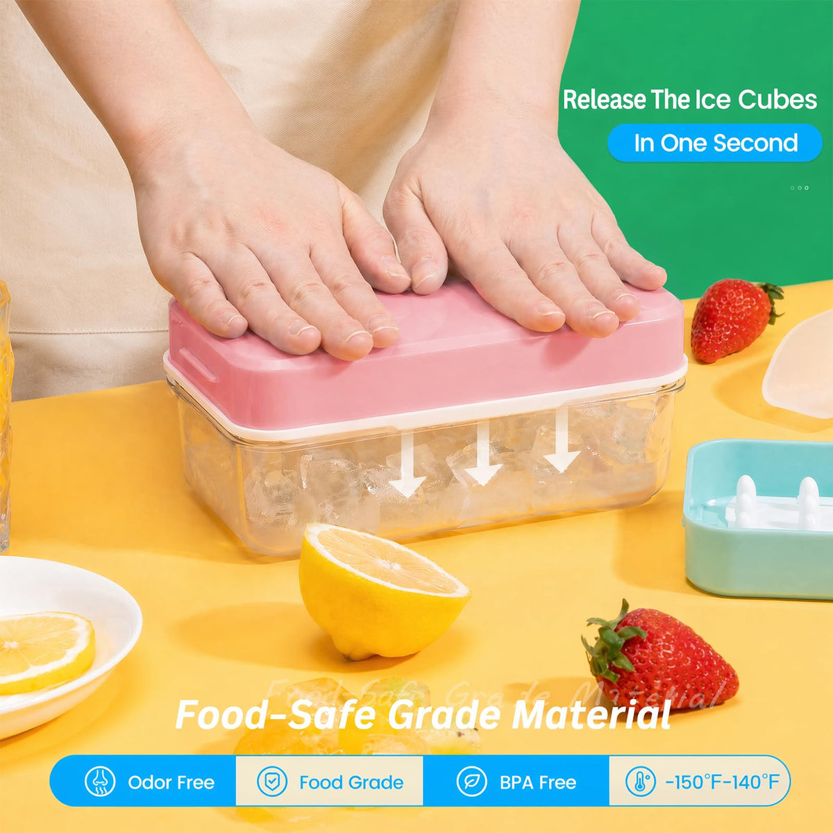 PHINOX push-release ice tray for quick unmolding of cubes.