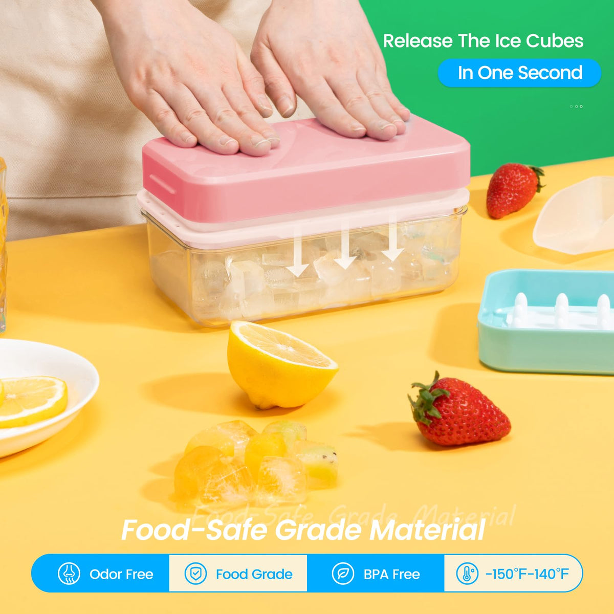 Stackable PHINOX ice tray set showing space-saving storage in a freezer