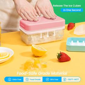 Stackable PHINOX ice tray set showing space-saving storage in a freezer