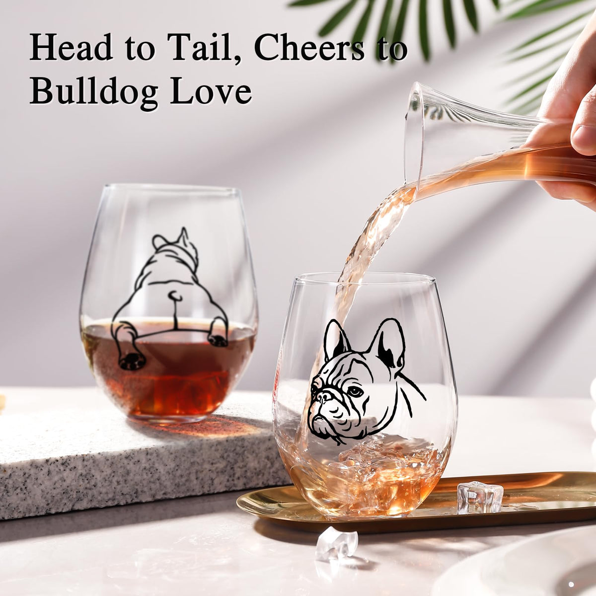 Physkoa French Bulldog wine glass back view showing matching bulldog motif for tableware