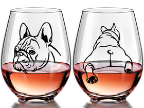 Physkoa French Bulldog wine glass front view with playful bulldog art for entertaining
