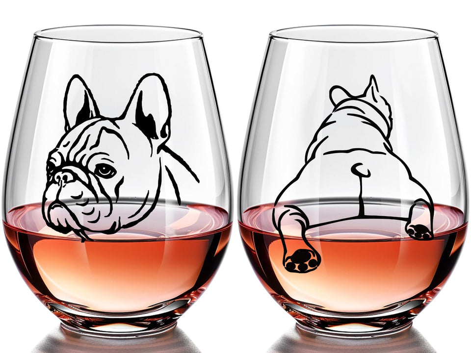 Physkoa French Bulldog wine glass front view with playful bulldog art for entertaining