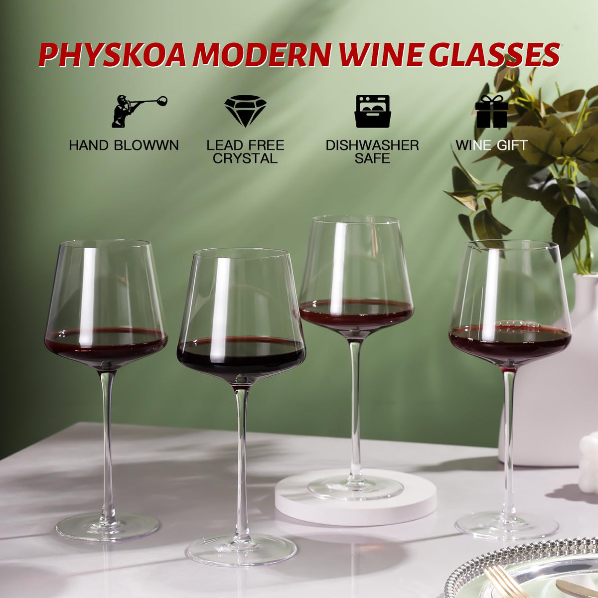 Physkoa dishwasher-safe lead-free crystal wine glasses for durable use.