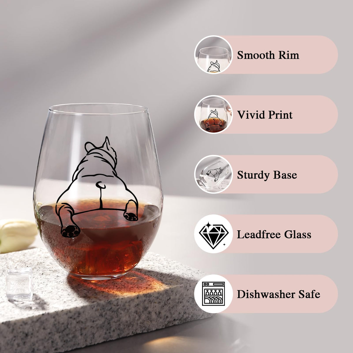 Physkoa stemless 20oz bulldog design glass provides easy grip during gatherings