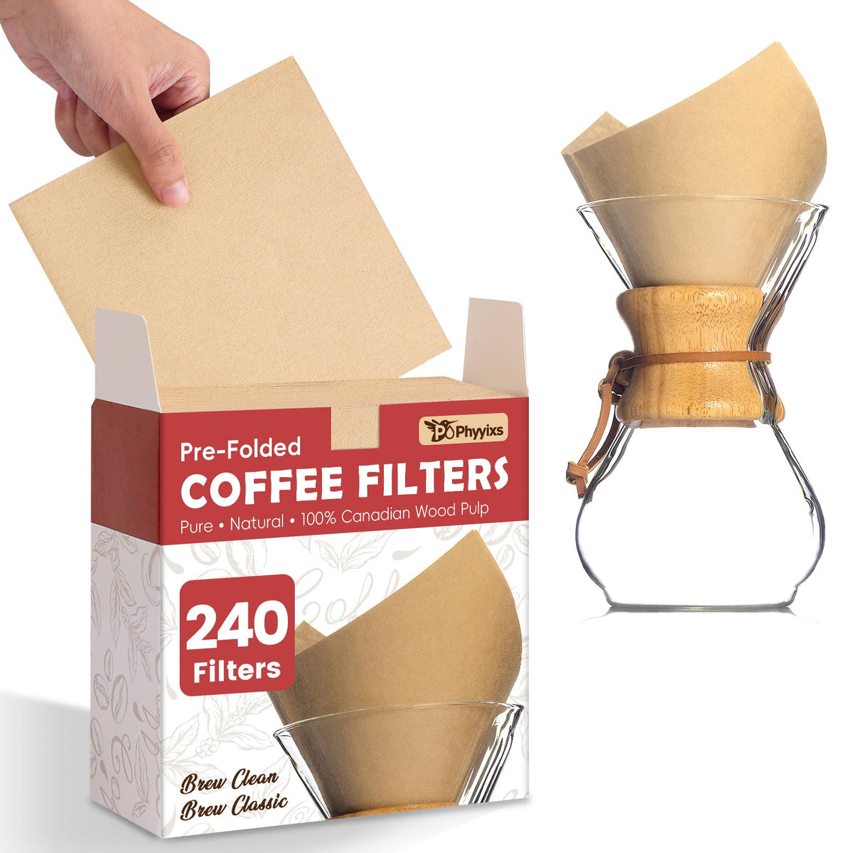 Phyyixs pre-folded cone filter pack for easy setup and clean pours.