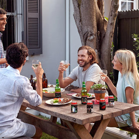 Group setup with Derby sleeves at a backyard BBQ.